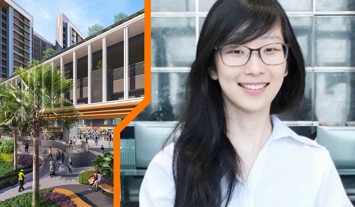 A smiling woman with glasses beside a rendering of a modern multi-story building with a pedestrian plaza.